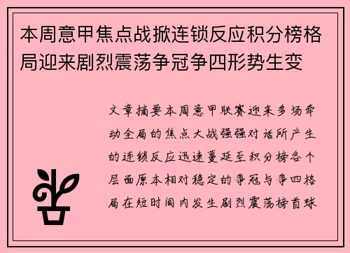 本周意甲焦点战掀连锁反应积分榜格局迎来剧烈震荡争冠争四形势生变 本周意甲焦点战掀连锁反应积分榜格局迎来剧烈震荡争冠争四形势生变