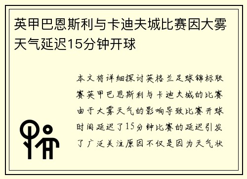 英甲巴恩斯利与卡迪夫城比赛因大雾天气延迟15分钟开球 英甲巴恩斯利与卡迪夫城比赛因大雾天气延迟15分钟开球